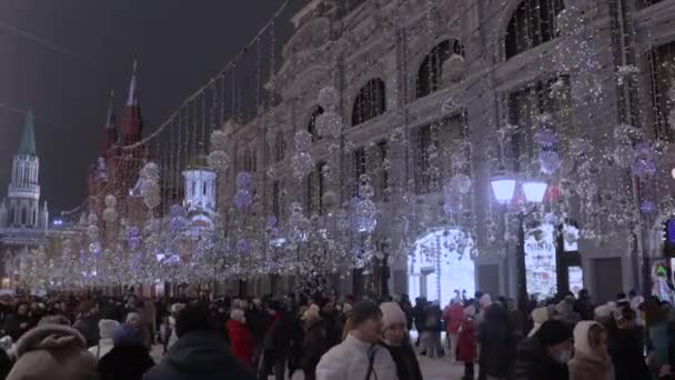 Nejkrásnější Ulice Nikolskaya Moskvě Osvětlením — Stock video