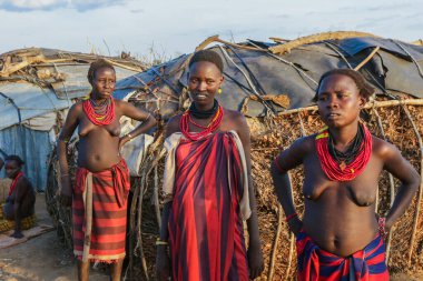 Omo Nehri Vadisi, Etiyopya - 30 Kasım 2020: Yerel Köyde Geleneksel Parlak Kolyeli Dassanech Kabilesi Kadını