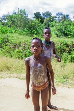 Omo Nehri Vadisi, Etiyopya - 20 Kasım 2020: Yeşil Kırsal Yoldaki Saldırgan Çekiç Kabilesi Halkı