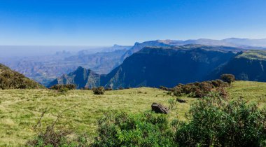 Panoramic View to the Simien Mountains Green Valley under Blue Sky near Gondar, Northern Ethiopia