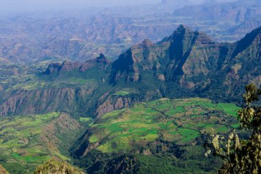 Panoramic View to the Simien Mountains Green Valley under Blue Sky near Gondar, Northern Ethiopia
