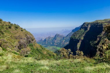 Panoramic View to the Simien Mountains Green Valley under Blue Sky near Gondar, Northern Ethiopia