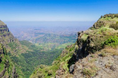 Panoramic View to the Simien Mountains Green Valley under Blue Sky near Gondar, Northern Ethiopia