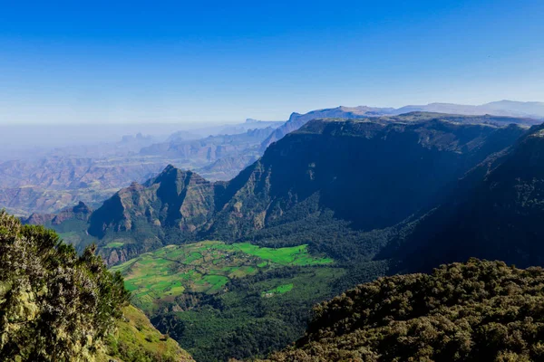 Panoramic View Simien Mountains Green Valley Blue Sky Gondar Northern — Fotografia de Stock