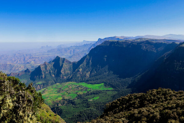 Panoramic View to the Simien Mountains Green Valley under Blue Sky near Gondar, Northern Ethiopia