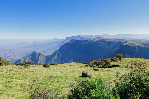 Panoramic View to the Simien Mountains Green Valley under Blue Sky near Gondar, Northern Ethiopia