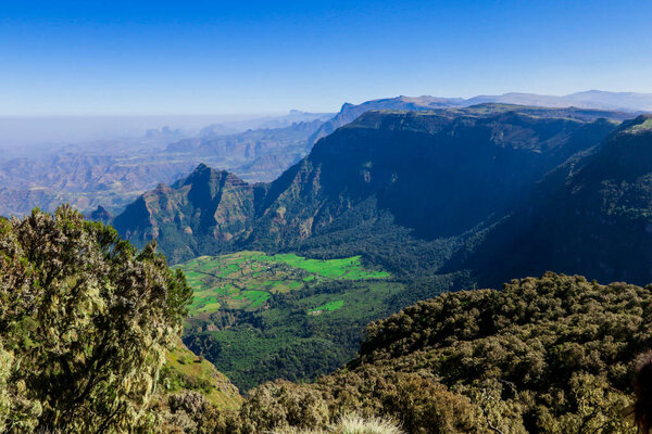 Panoramic View to the Simien Mountains Green Valley under Blue Sky near Gondar, Northern Ethiopia