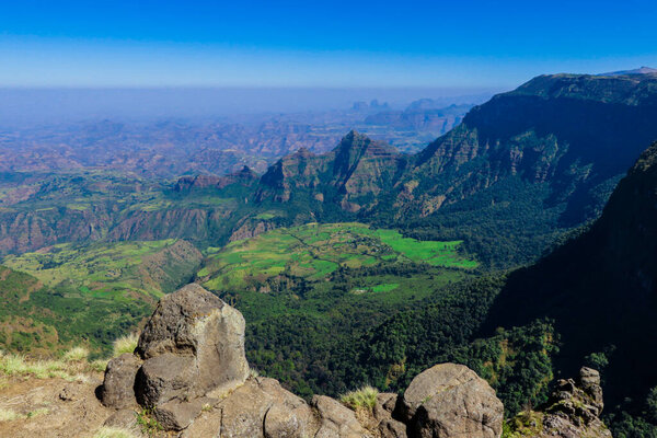Panoramic View to the Simien Mountains Green Valley under Blue Sky near Gondar, Northern Ethiopia