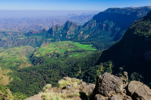 Panoramic View Simien Mountains Green Valley Blue Sky Gondar Northern — Fotografia de Stock