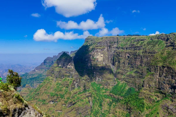 Panoramic View Simien Mountains Green Valley Blue Sky Gondar Northern — Fotografia de Stock