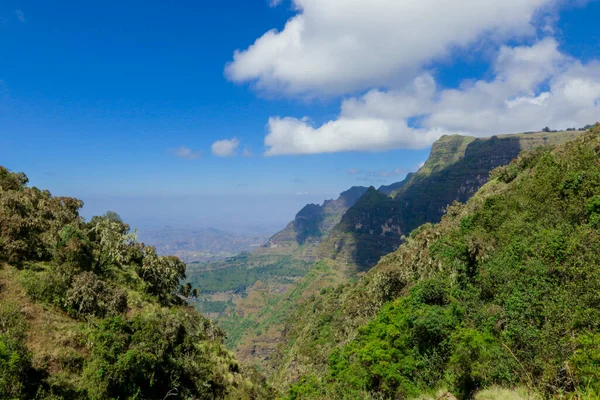 Panoramic View Simien Mountains Green Valley Blue Sky Gondar Northern — Zdjęcie stockowe