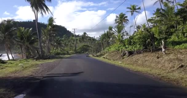 ドミニカ島の野生の海岸と通過車 カリブ海の道路の4K空撮 — ストック動画