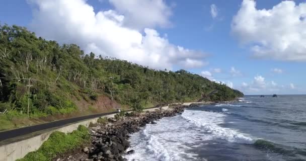 Aerial Footage Wild Coast Dominica Island Road Passing Cars Caribbean — Vídeo de stock