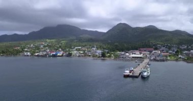 4K Aerial Footage View to the Green and Natural Portsmouth Coastline and Dock of the Dominica Island, Caribbean Sea