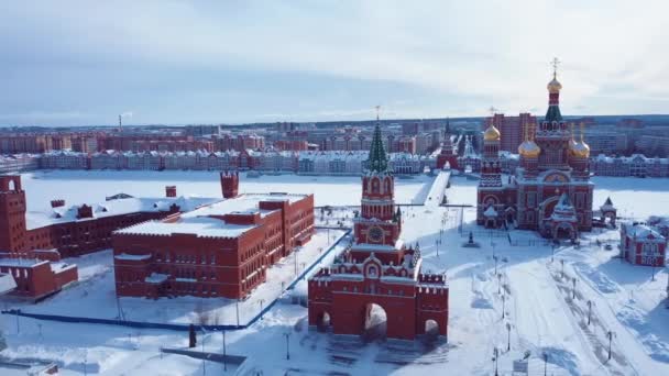 Aerial Footage View Annunciation Tower Blessed Virgin Mary Church Snowy — ストック動画