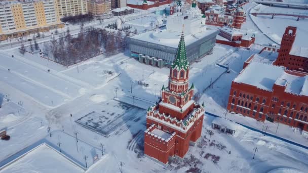 Aerial Footage View Annunciation Tower Blessed Virgin Mary Church Snowy — Video Stock