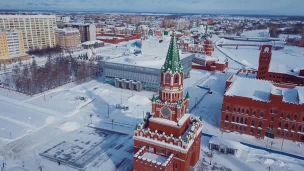 Aerial Footage View Annunciation Tower Blessed Virgin Mary Church Snowy — ストック動画