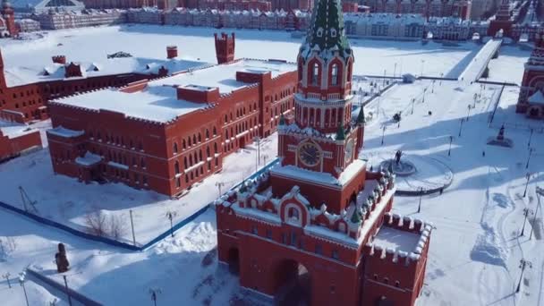 Aerial Footage View Annunciation Tower Blessed Virgin Mary Church Snowy — Vídeo de Stock