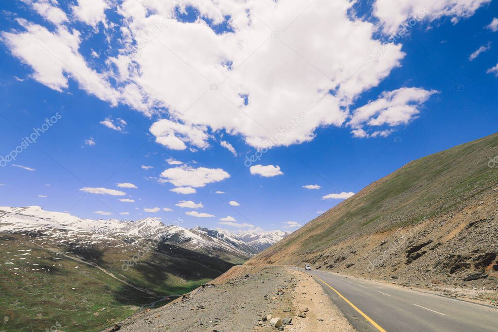 Spectacular View to the Asphalt Road in Gilgit Baltistan Mountains, Pakistan