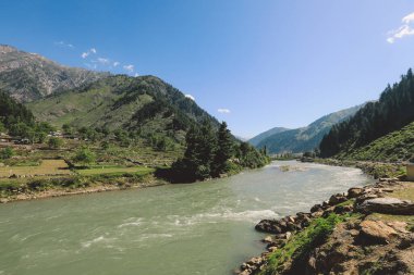 Gilgit Baltistan Highlands, Pakistan 'da Mavi Gök' ün altındaki Fast River ve Green Mountain Ormanı