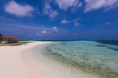 Cennet Maafushi Adası, Maldivler 'de Palmiye Ağaçları ve Mavi Okyanus Suyu ile Boş Beyaz Kumsal