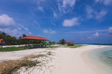 Cennet Maafushi Adası, Maldivler 'de Palmiye Ağaçları ve Mavi Okyanus Suyu ile Boş Beyaz Kumsal