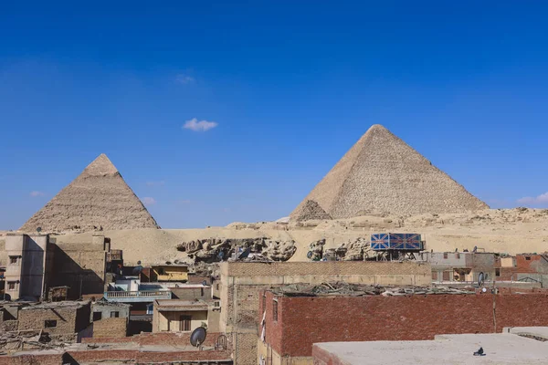 Чудовий Погляд Чуда Стародавнього Світу Великі Піраміди Гізи Під Блакитним — стокове фото