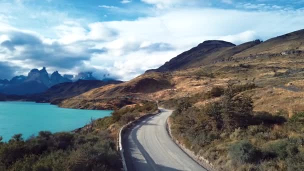 Piękna Panorama Lotu Ptaka Parku Torres Del Paine Chile — Wideo stockowe