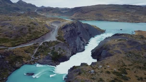 Aerial View Salto Grande Waterfall Torres Del Paine Park Chile — Stock Video