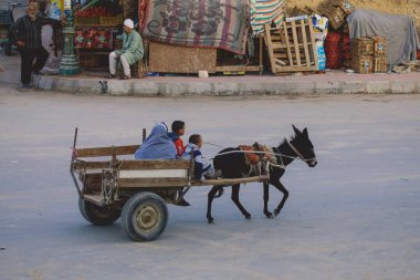 Siwa, Mısır - 03 Kasım 2021: Yerel Mısırlı Aileler: Siwa Vahası sokaklarında yürüyen ve birlikte konuşan erkekler, kadınlar ve çocuklar