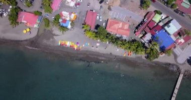 Palmiye ağaçları ve Guadeloupe 'da tatil yapan turistlerle dolu bir sahil.
