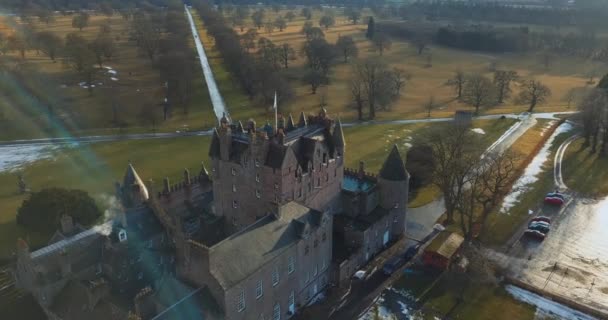 Vista Aérea Del Castillo Glamis Escocia — Vídeos de Stock