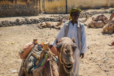 Keren, Eritre - 03 Kasım 2019: Hayvan Pazarı 'nda Geleneksel Eritre Elbisesi Deve Satıcısı 