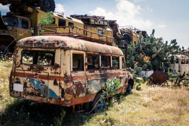 Asmara, Eritre 'deki Tank Mezarlığı' nda Paslı ve Ezilmiş Otobüsler