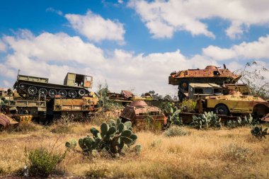 Asmara, Eritre 'deki Tank Mezarlığı' nda Kaktüsler tarafından çevrelenmiş Yok Edilmiş Savaş Makineleri ve Tanklar
