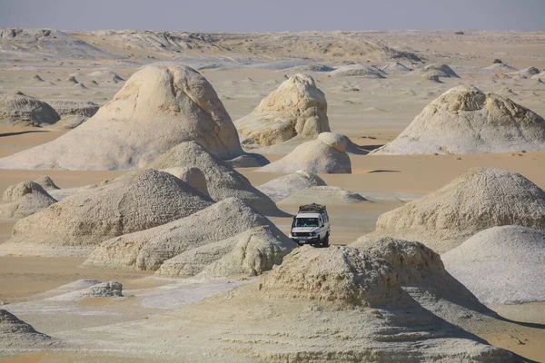 Kaland 4X4 Autó Között Gyönyörű Homok Alakzatok Fehér Sivatag Védett — Stock Fotó