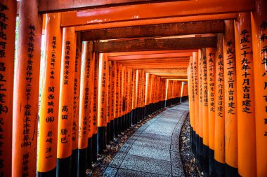 Kyoto, Japonya - 08 Ocak 2020: Binlerce Vermilion Büyük Torii Kapısı