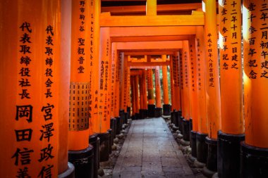 Kyoto, Japonya - 08 Ocak 2020: Binlerce Vermilion Büyük Torii Kapısı