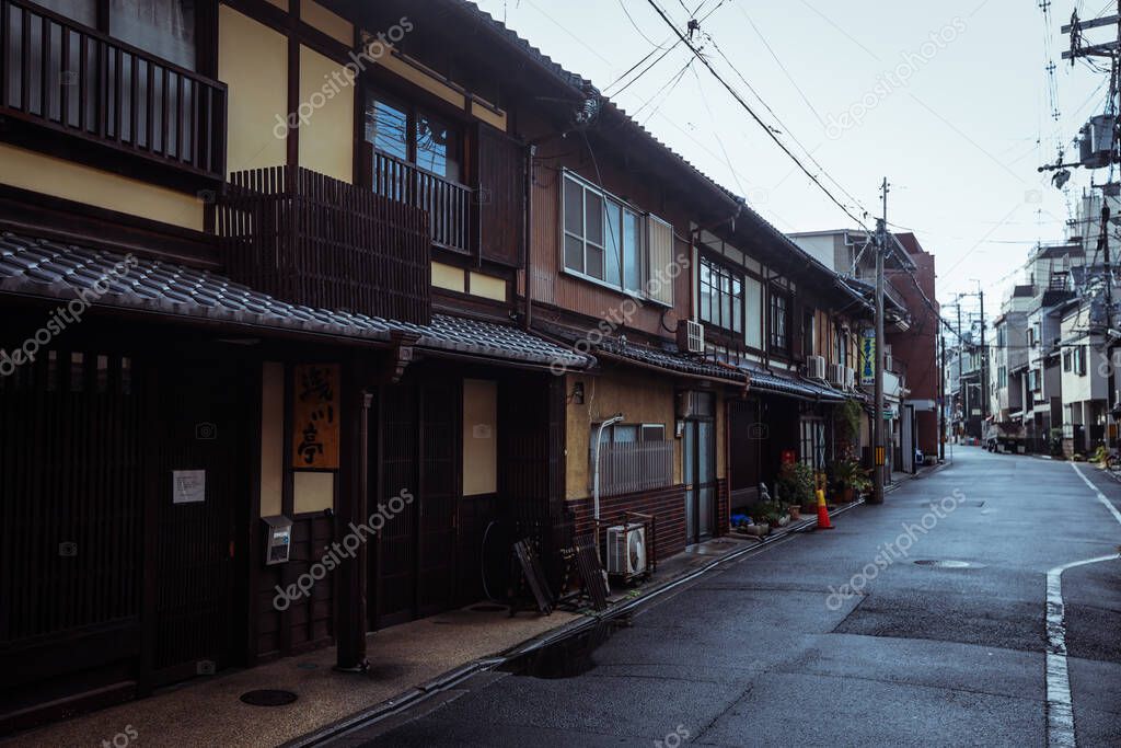 Kyoto, Japan - January 08, 2020: Ordinary Japanese Houses on the Cloudy day 