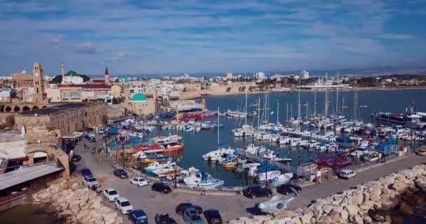 Λιμάνι Βάρκες Στο Akko Aerial View Ισραήλ — Αρχείο Βίντεο