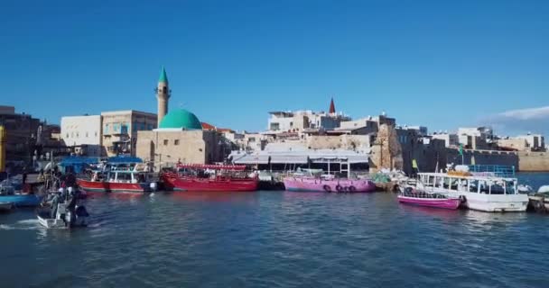 Hamn Med Båtar Akko Flygfoto Israel — Stockvideo