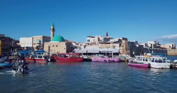 Haven Met Boten Akko Aerial View Israël — Stockvideo