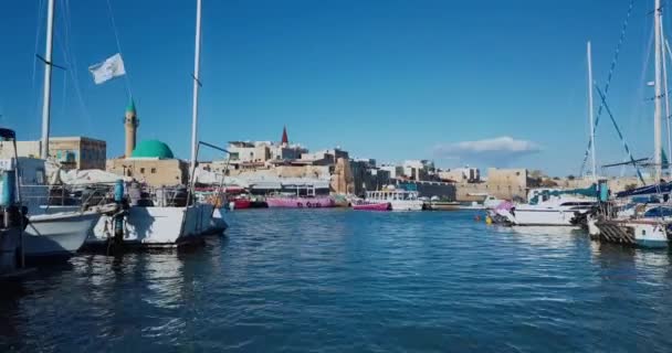 Porto Com Barcos Akko Vista Aérea Israel — Vídeo de Stock