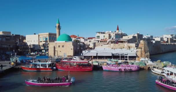 Přístav Čluny Akko Letecký Pohled Izrael — Stock video