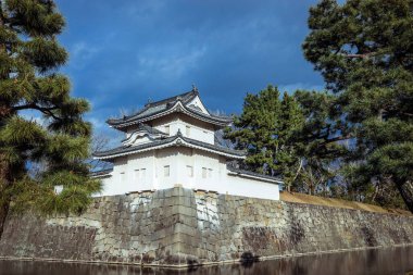Kyoto, Japonya - 08 Ocak 2020: Ağaçların İçindeki Nijo Kalesi 'nin ana binasına bakın