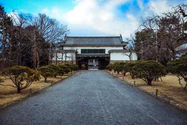 Kyoto, Japonya - 08 Ocak 2020: Ağaçların İçindeki Nijo Kalesi 'nin ana binasına bakın