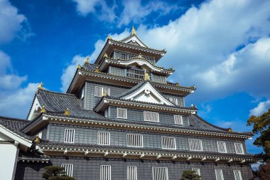 Okayama, Japonya - 06 Ocak 2020: Mavi Bulutlu Gökyüzü 'nün altındaki ağaçlar üzerinden Japon Kalesi' ne İnanılmaz Görüş