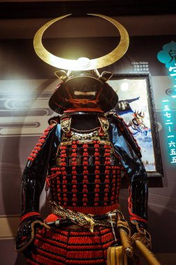 Okayama, Japonya - 06 Ocak 2020: Antik Kale 'de Japon Tarihi Savaşı Kimonosu 
