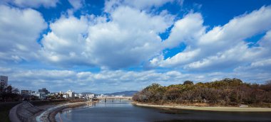 Okayama, Japonya - 3 Ocak 2020: Okayma Kalesi Çatılarından Şehir Nehrine İnanılmaz Manzara