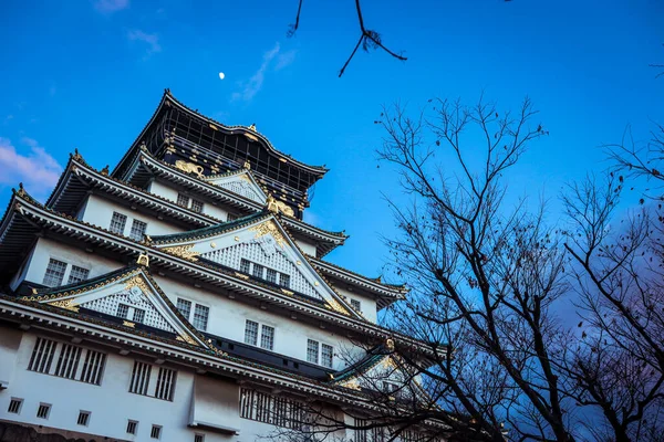 Вид Замок Закат Осака Голубым Небом Деревьями Япония — стоковое фото